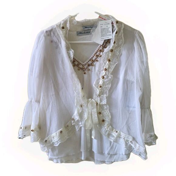 Nwt Molato Y2k Vintage 2 Piece White Tank And Over Shirt Beaded Ruffle Top Sz M - Picture 1 of 4